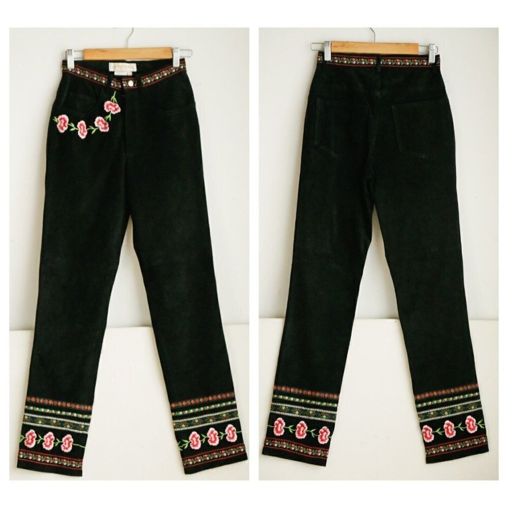 Vintage 90s Margaret Godfrey Black Suede Colourful Embroidered Straight Leg Pant